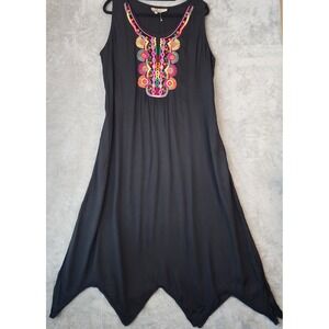 SR Fashion Dress Womens XL Black Rayon Embroidered Handkerchief Hem Boho Midi
